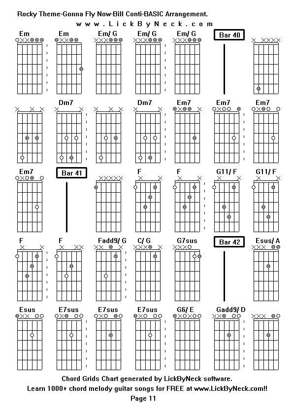 Chord Grids Chart of chord melody fingerstyle guitar song-Rocky Theme-Gonna Fly Now-Bill Conti-BASIC Arrangement,generated by LickByNeck software.